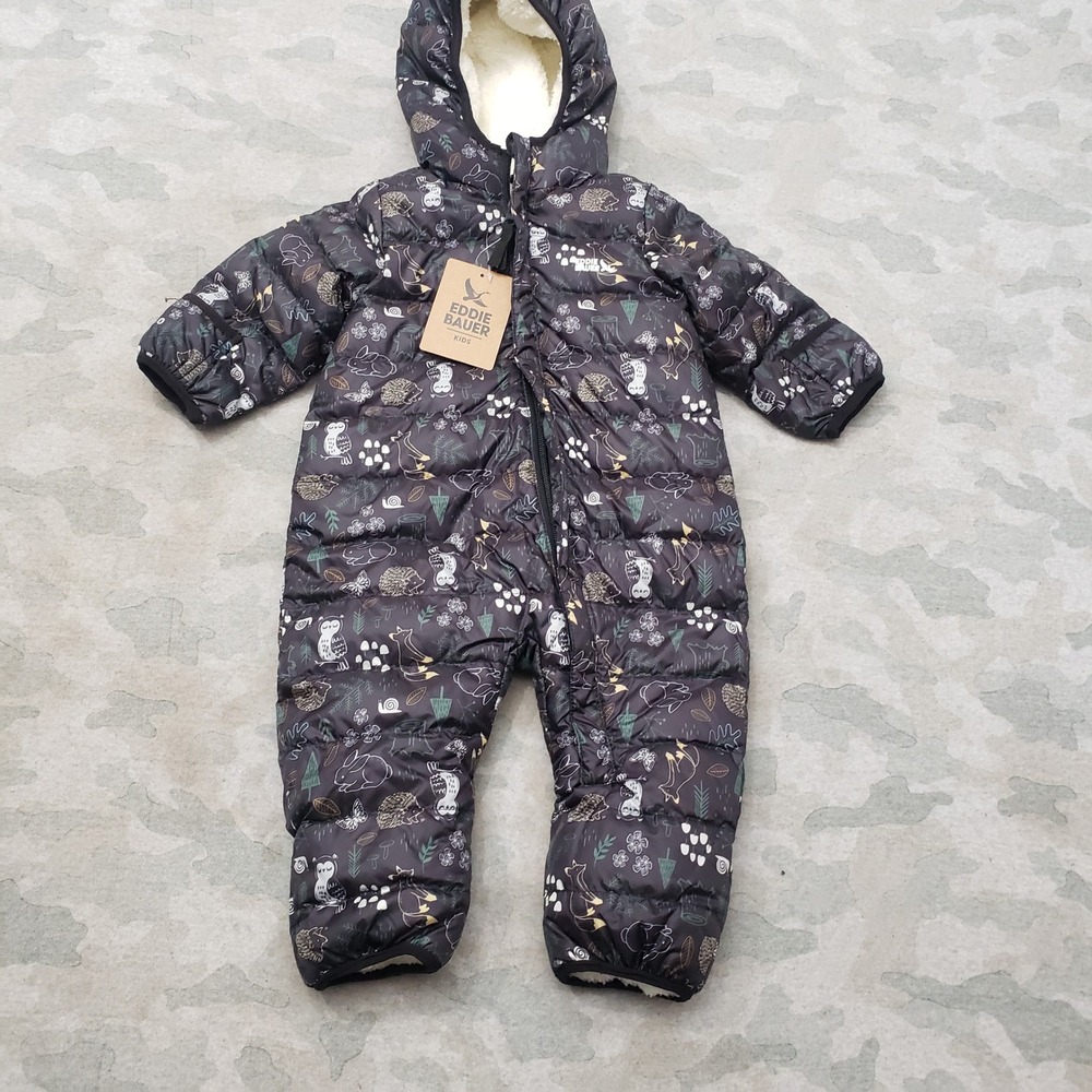Eddie Bauer Bunting Boys 3M-6M Black Woodland Print 650 Down Puffer Snowsuit NWT